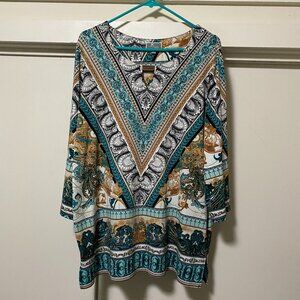 JM Collection woman, 3/4 length sleeve, turquoise & other colors tunic, size 1X